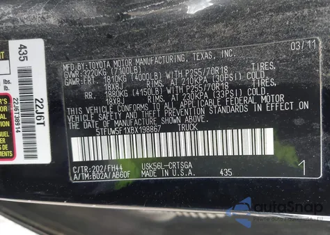 2011 Toyota Tundra Grade 5.7L V8 from USA, damaged, VIN 5TFUW5F1XBX198867